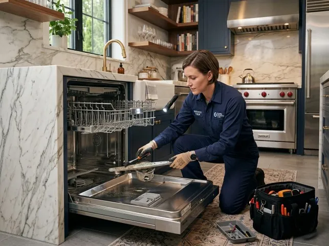 Appliance Repair Hero technician servicing a built-in dishwasher in a Blue Mounds, WI kitchen