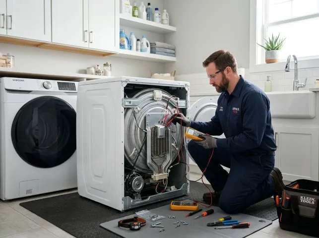 Appliance Repair Hero technician checking a dryer heating element with the rear panel off in Blue Mounds, WI