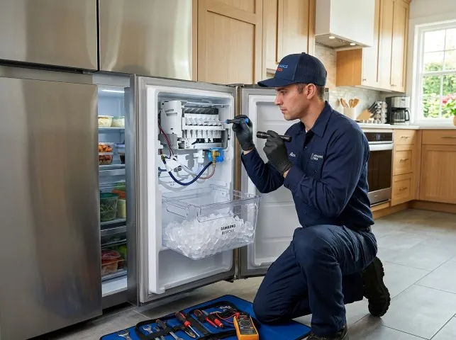 Appliance Repair Hero technician repairing a refrigerator ice maker in Blue Mounds, WI
