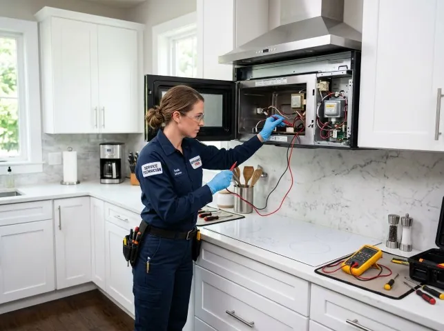 Appliance Repair Hero technician testing an over-the-range microwave in a Blue Mounds, WI kitchen