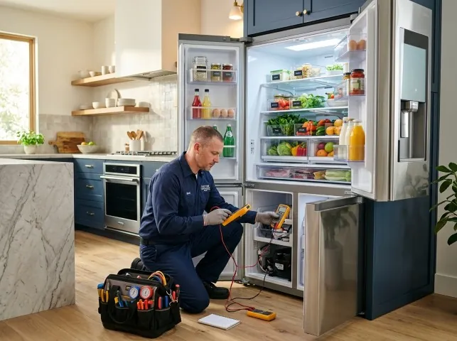 Appliance Repair Hero refrigerator technician testing a fridge on a Blue Mounds, WI service call