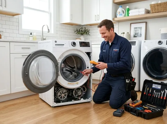 Appliance Repair Hero technician testing a front-load washer with a multimeter on a Blue Mounds, WI service call
